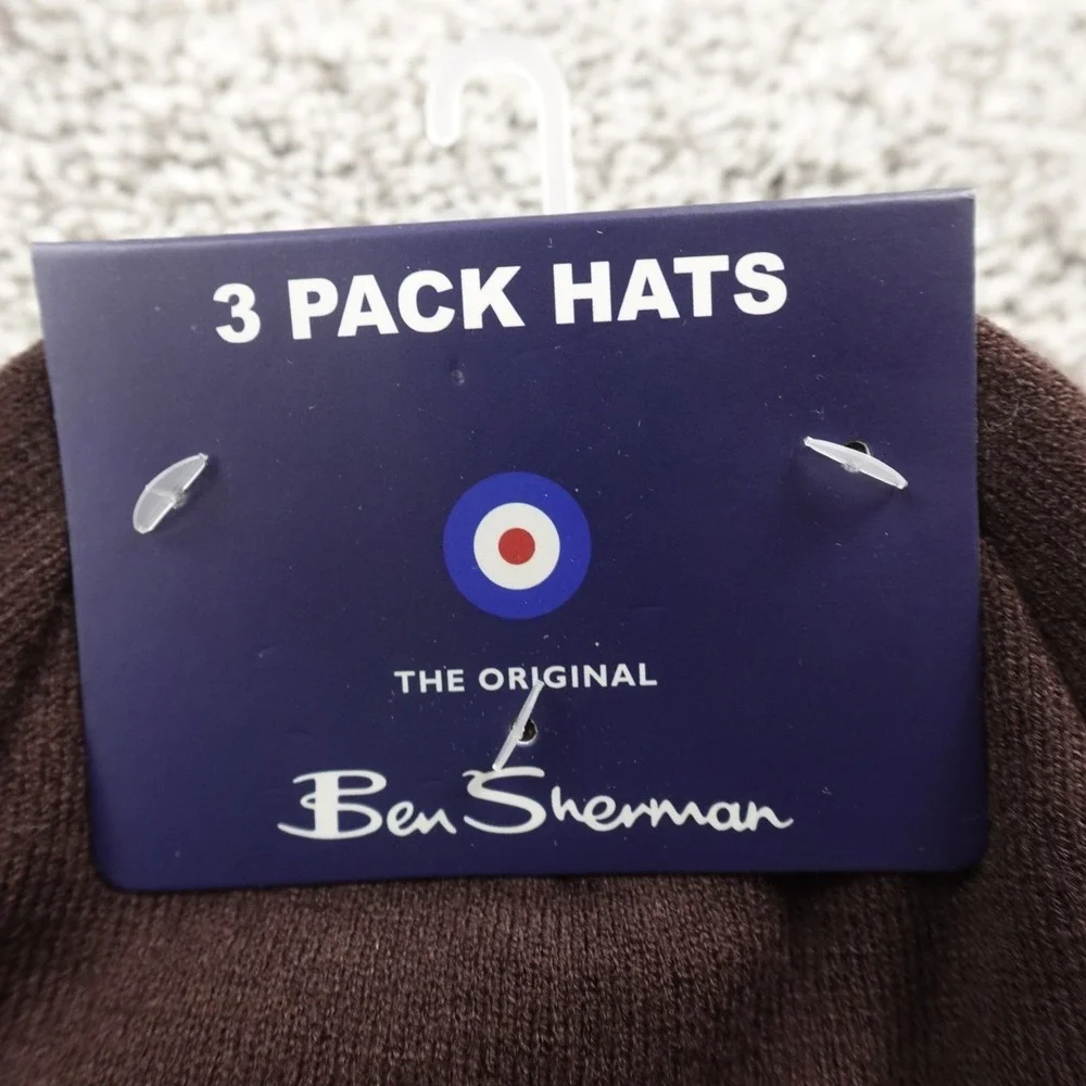 NEW Ben Sherman Hat Beanie Cap Mens One‎ Size Black Brown Beige Knit 3 Pack Warm